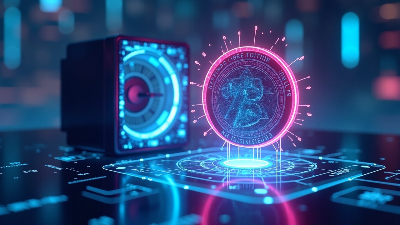 Neon-lit stablecoin reserve vault with a holographic regulator, blockchain strands, and cyan-pink glow.