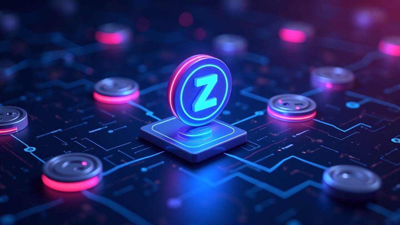 Neon illustration of tokenized stocks on a ZIGChain network with an Ondo on-chain symbol and blue-cyan-purple glow.