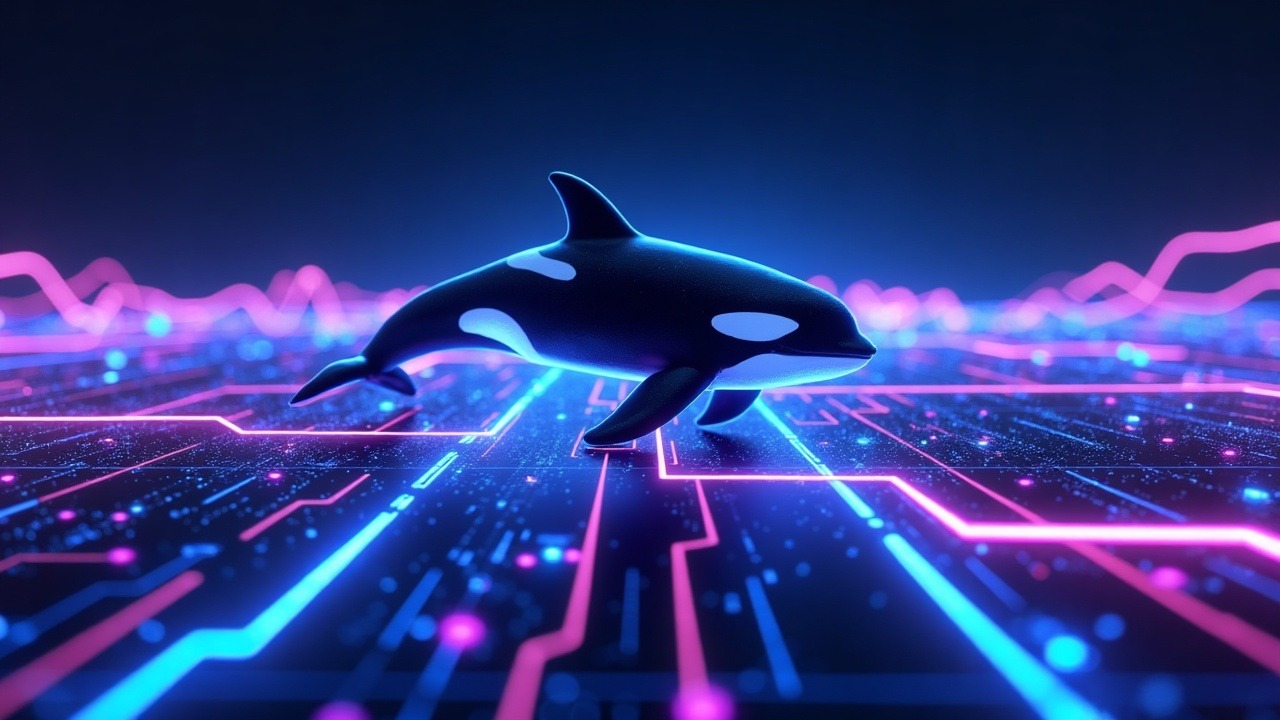 Neon Solana-themed scene with an orca silhouette morphing into SPCX token streams beside glowing liquidity bars.