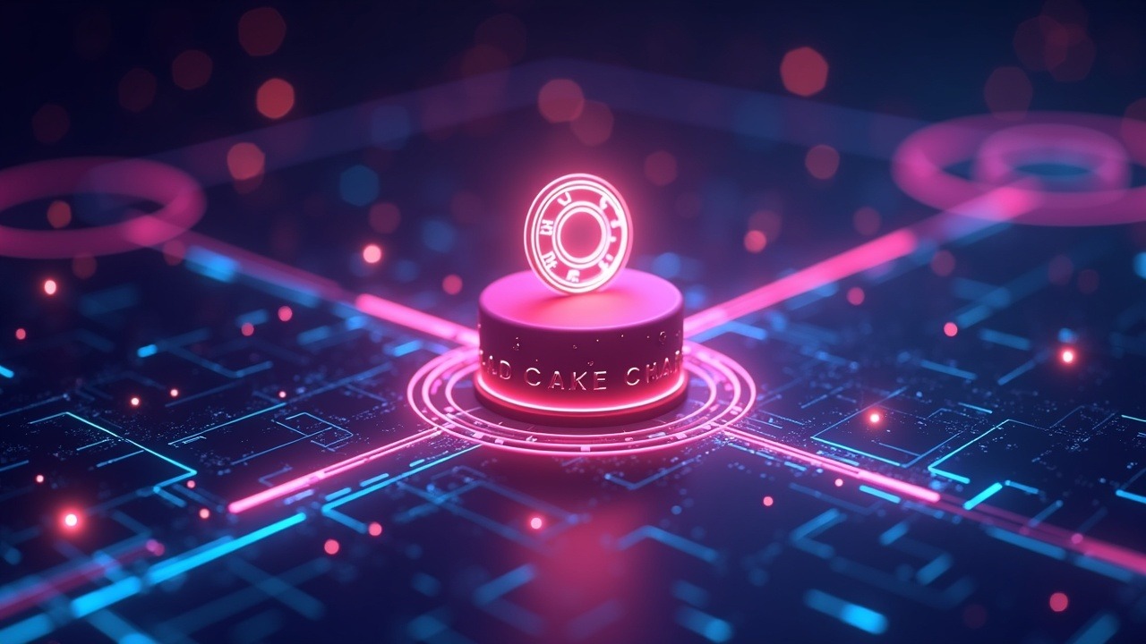 Neon crypto illustration featuring a central CAKE token, glowing liquidity pools and cross-chain bridges on BNB Chain, Arbitrum and Base.