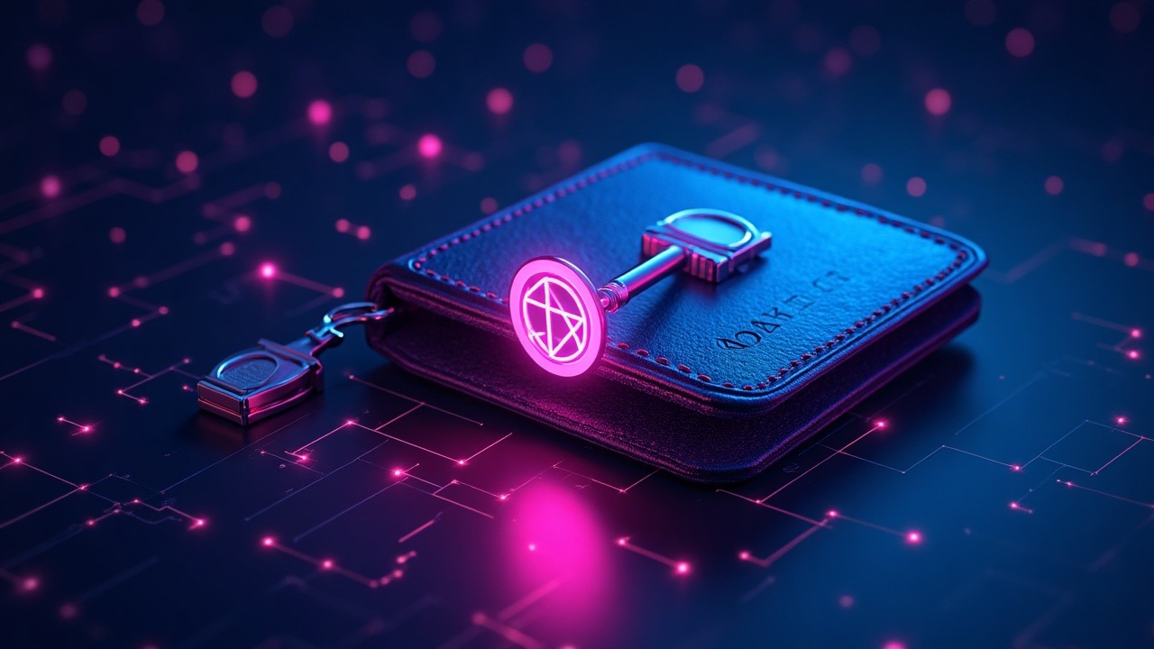 Neon cyber Cardano wallet with exposed private keys, blue-magenta glow and risk warning in a sleek crypto newsroom setting.
