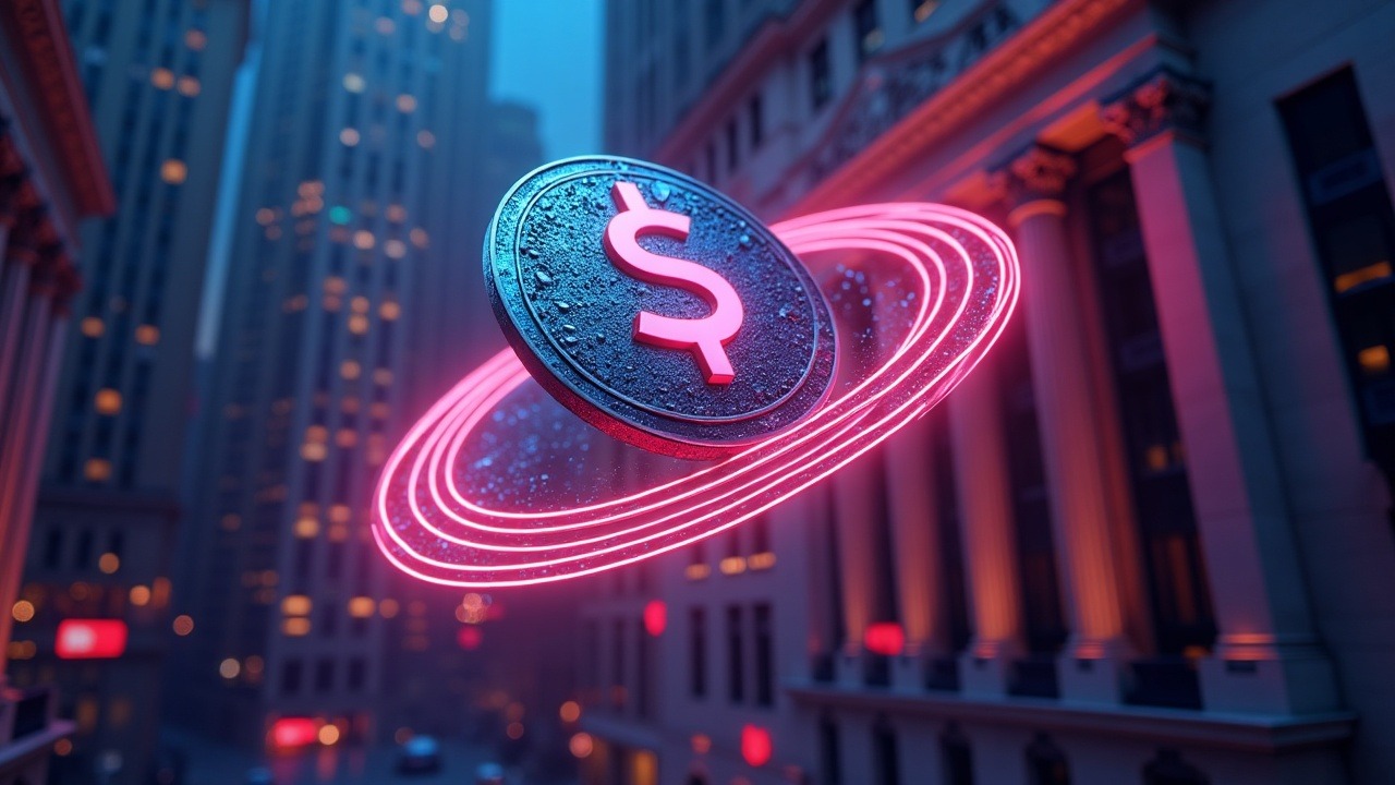 Neon token orbiting the NYSE building, illustrating SEC-cleared tokenized securities and a SPAC merger.
