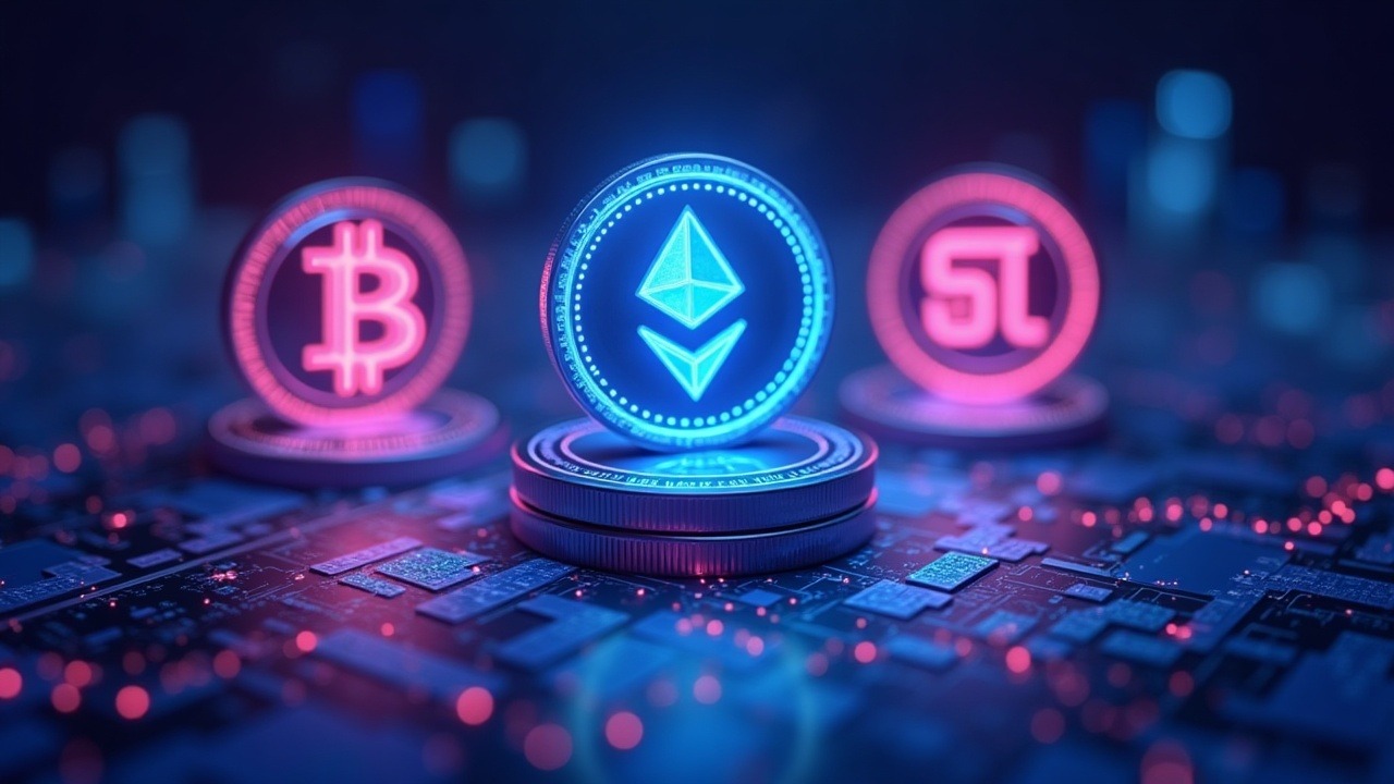 Neon crypto illustration showing BTC, ETH and SOL with downward flow arrows and ETF derisking theme.