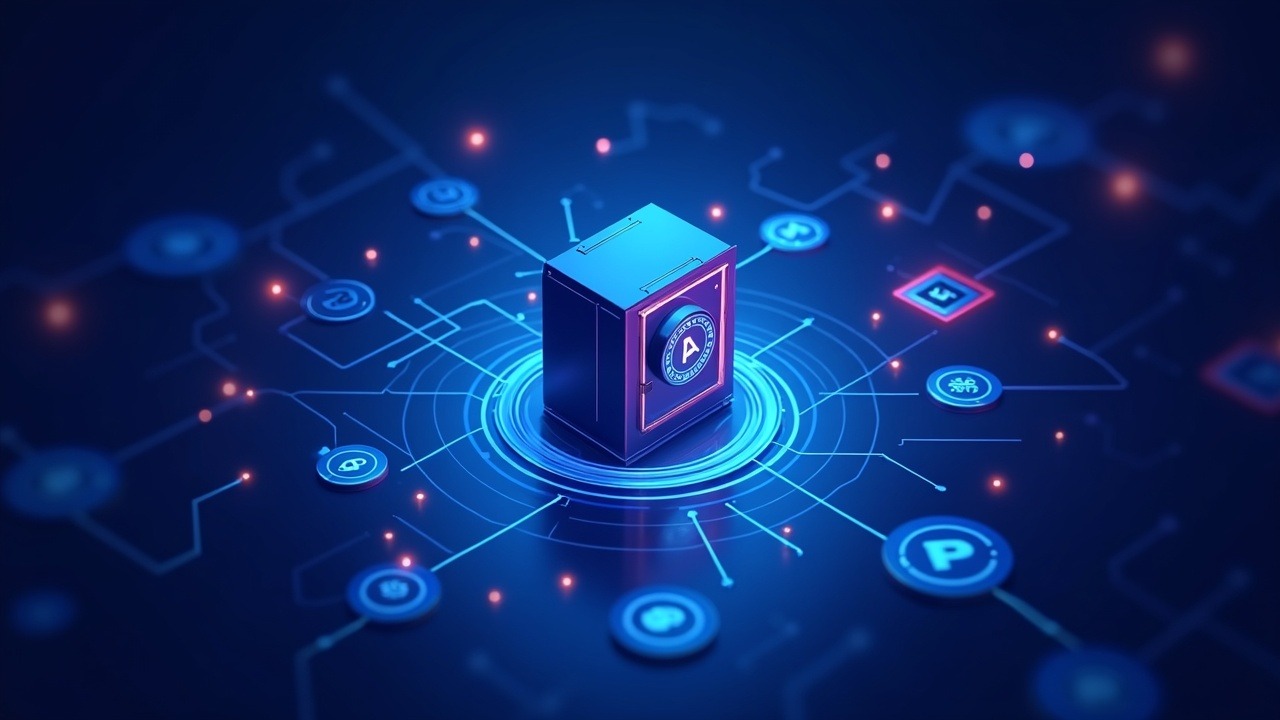Neon illustration of holographic tokenized fund shares orbiting a digital vault with DeFi lending panels.