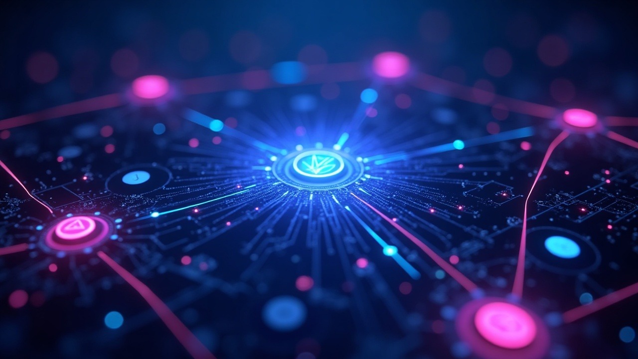 Neon cyber illustration of TRON network growth with a central hub, rising data streams, and flowing stablecoins.