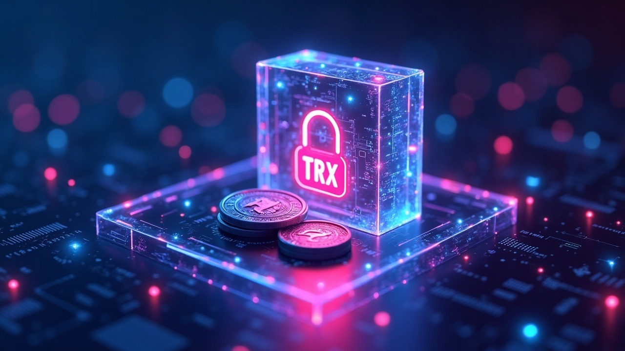 Neon-lit digital treasury hub with TRX tokens and an on-chain transparency dashboard, cyan and magenta glow.