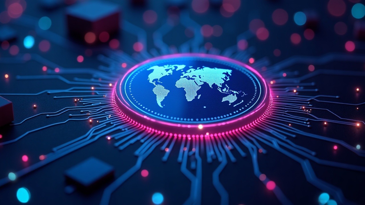 Ultra-realistic neon Worldcoin token at center with AI circuitry orbiting, blue-cyan-magenta glow and soft bokeh.