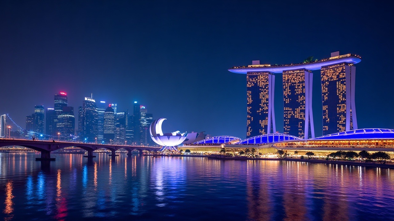 Neon-lit XRP Ledger rails for cross-border payments, tokenization, and custody tooling against the Singapore skyline.