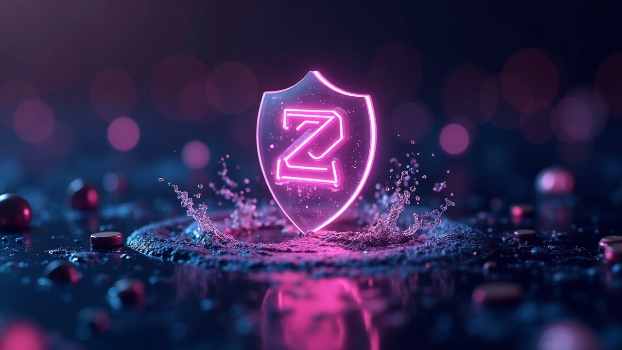 Neon illustration of Zcash shielded pool with faint counterfeit coins dissolving, AI audit glow and central ZEC emblem.