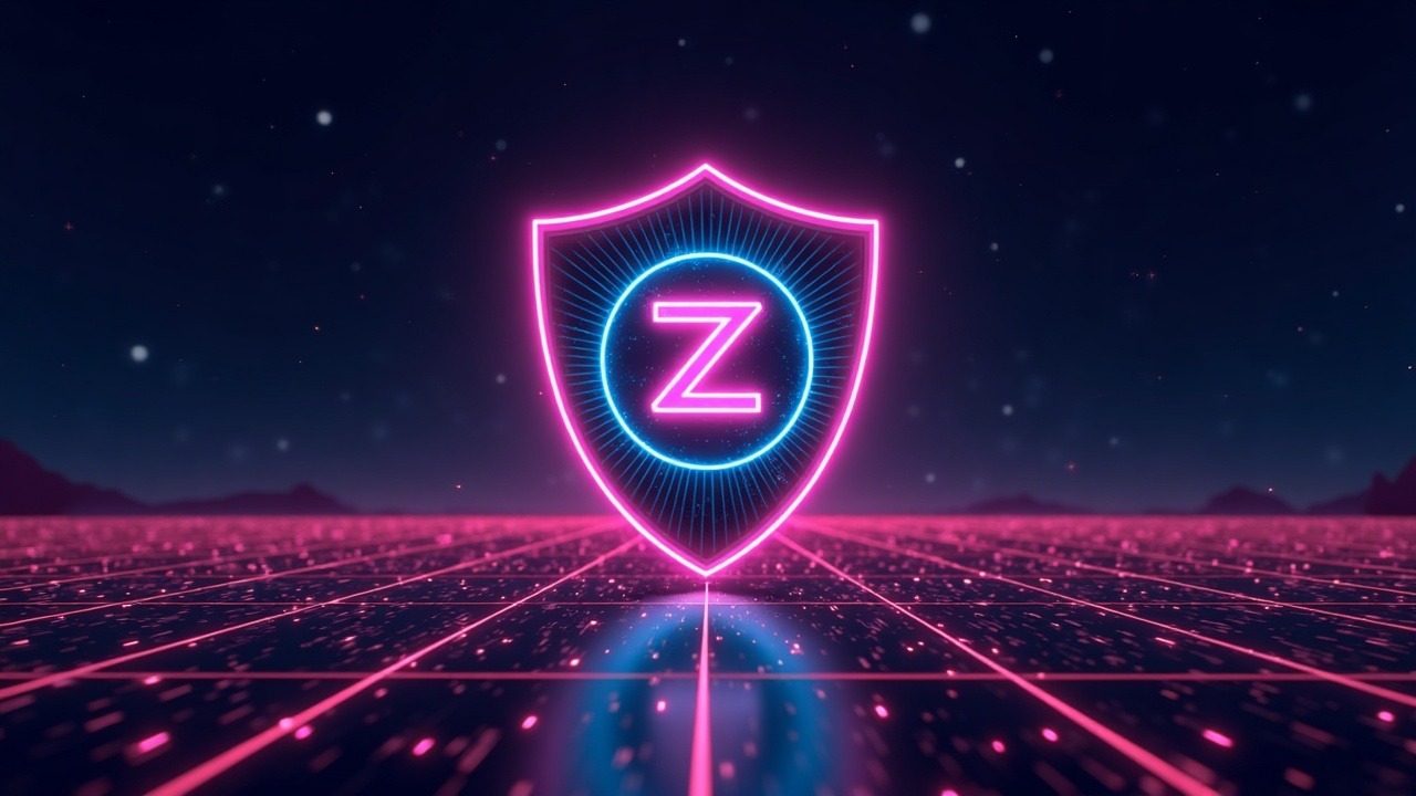 Neon Zcash emblem with an Orchard shield, glowing circuit lines, and NU6.2 activation on the horizon.