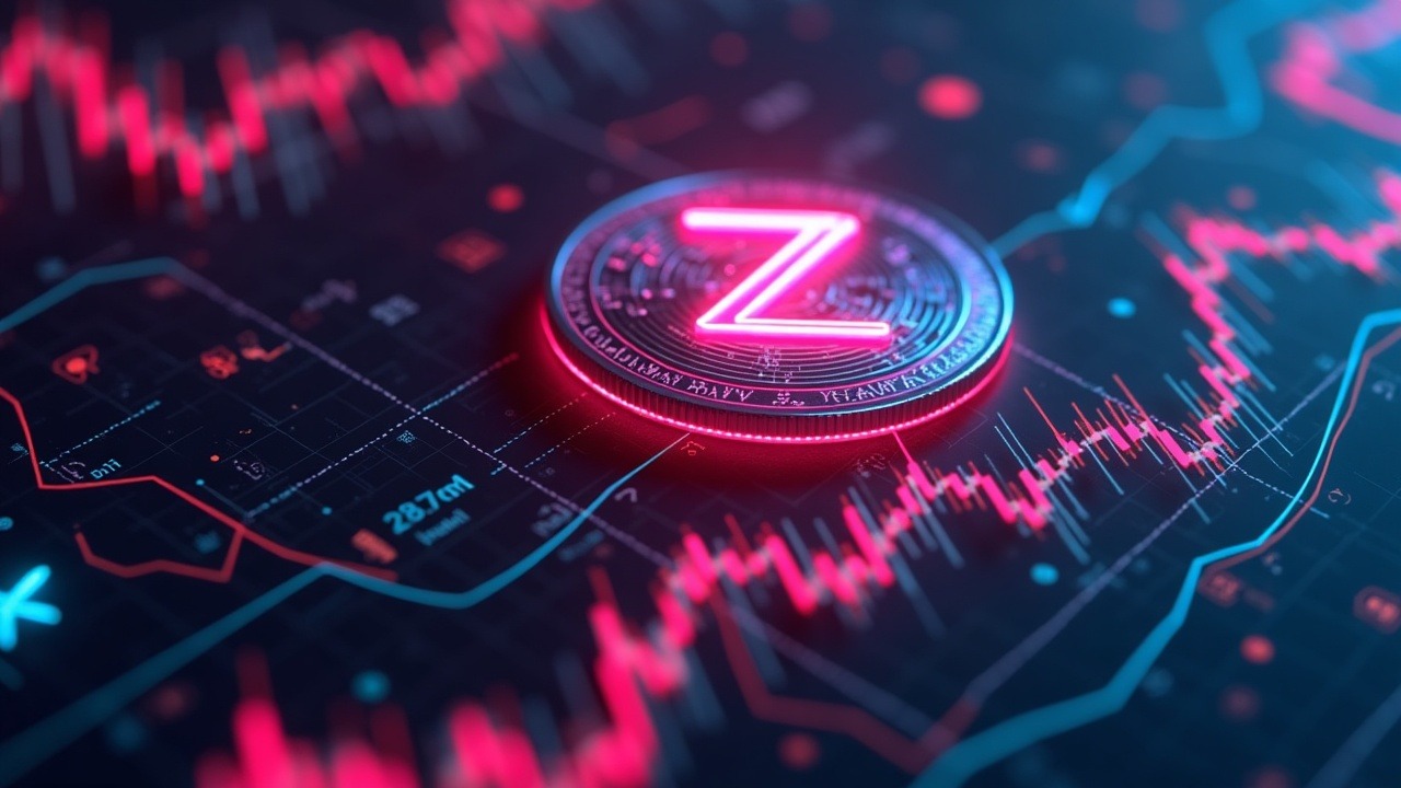 Neon-lit ZIG token on a futuristic dashboard, with revenue streams fueling a 500M open-market buyback and rising arrows.