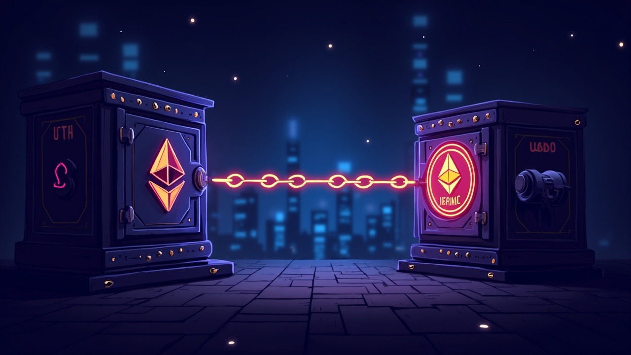 Neon cross-chain bridge from Arbitrum to Ethereum, breached vault, USDC draining to ETH, hacker silhouette, validator keys.