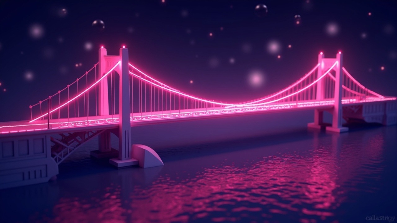 Neon-lit Solana bridge under a flash loan attack draining USDC and USDT pools with abstract 3D blockchain motifs.