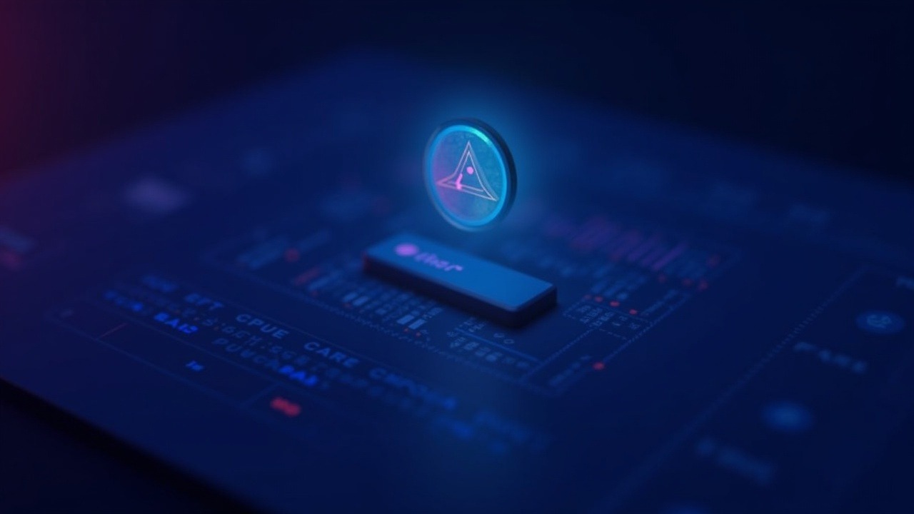 Neon ledger visualization of Aptos PACT on-chain credit with Tether, payroll icon, futuristic glow.