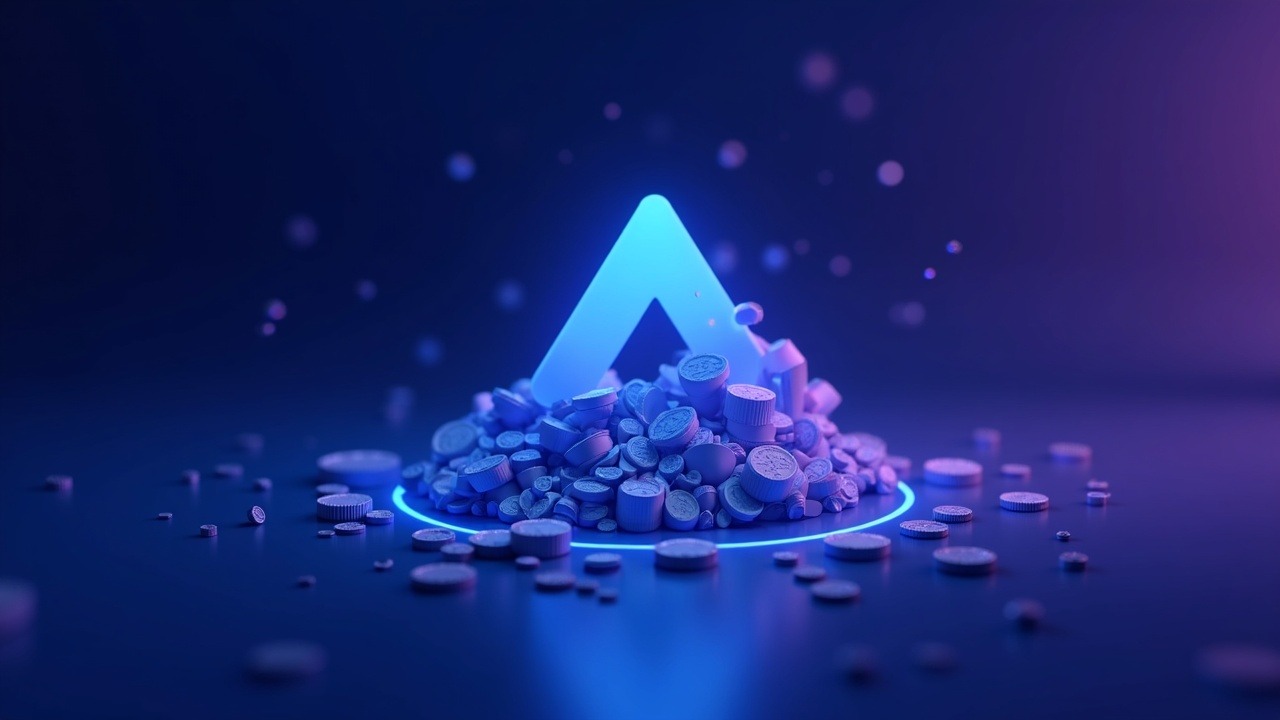 Avalanche logo with rising stablecoins flowing into DeFi protocols, neon blue and purple glow