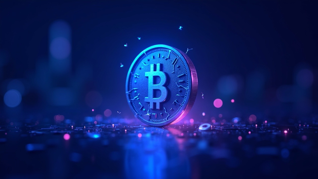 Hyperreal neon illustration of Balance Coin breaking its peg amid data streams and a cracked vault, blue and purple glow.