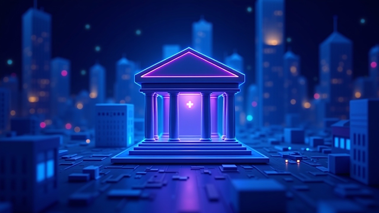 Neon illustration of a Swiss bank app showing regulated crypto trading with a centralized dashboard and a blue-purple glow.