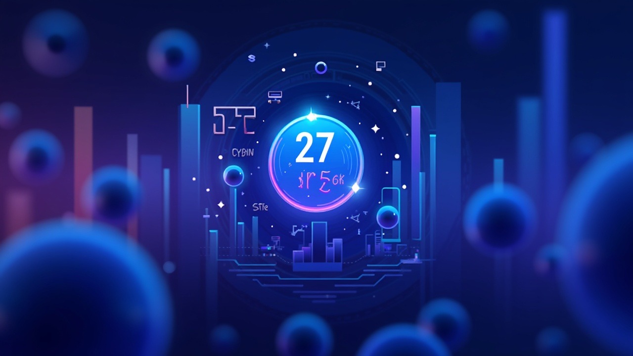 Neon-dashboard crypto illustration showing Bitcoin with Fear & Greed index 27 and price near $63k in blue and purple glow.