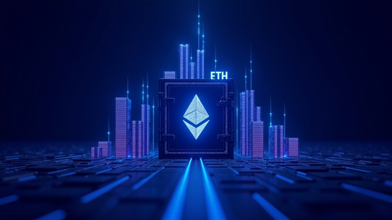 Secure vault with a rising neon skyline and a central Ethereum logo, bathed in blue, cyan, and purple glow.