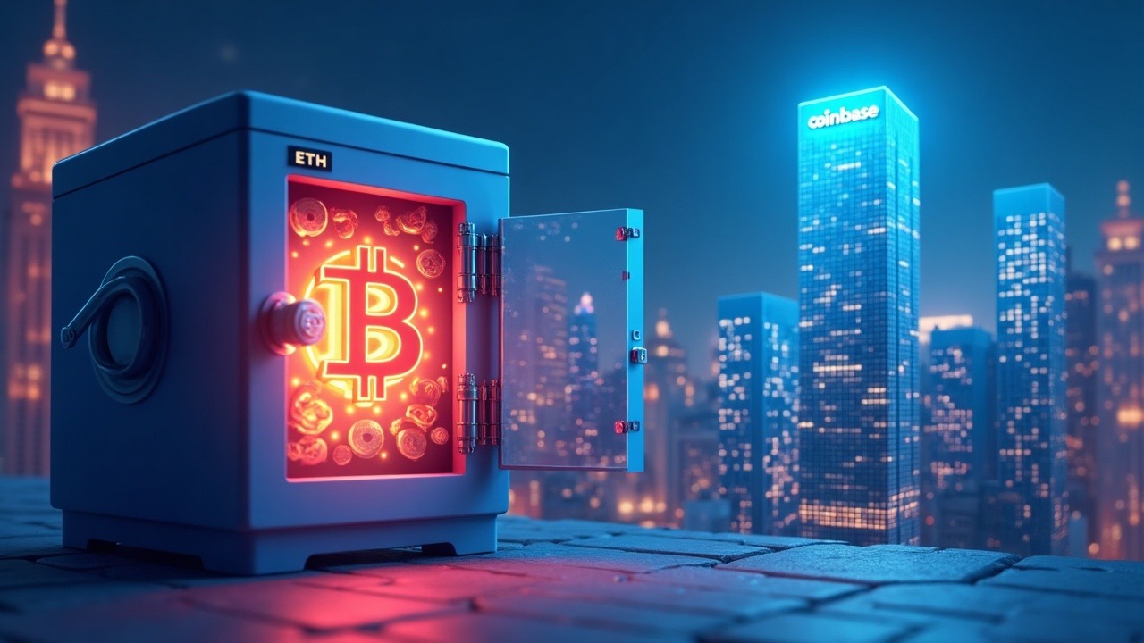 Neon-lit illustration of Bitcoin and Ethereum flowing from a secure vault to a Coinbase glass tower, cyan-pink glow.