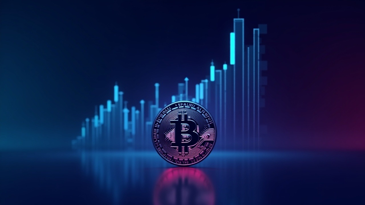 Neon Bitcoin with rising chart and spotlight on BlackRock IBIT, blue-cyan-pink glow.
