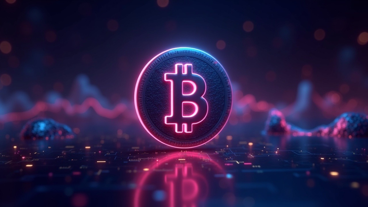 Neon, high-realism illustration of Bitcoin ETF inflows vs outflows with a central BTC icon and digital background.