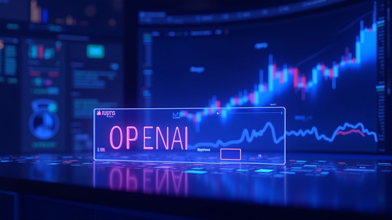 Neon-futuristic trading desk with holographic OpenAI and Anthropic tickers, Bybit hint, and glowing 3D charts.
