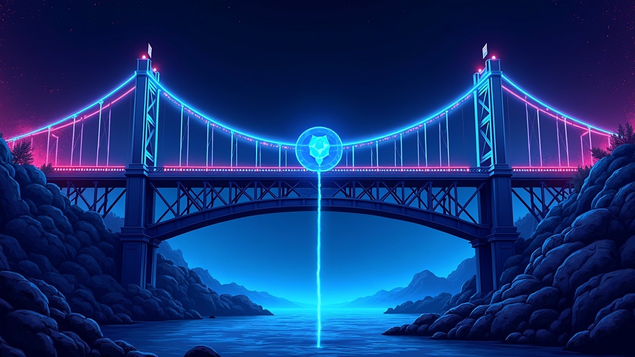 Neon cyberpunk illustration of a Cardano-BNB bridge under forged mint attack, NIGHT draining from a breached signature.