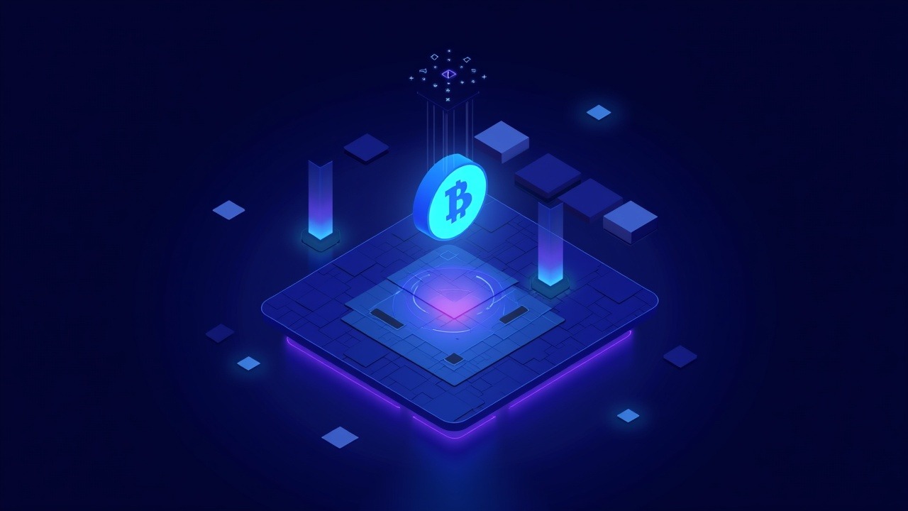 Neon illustration of a digital won stablecoin linking Korea's fintech networks with biometrics and a glowing blockchain grid