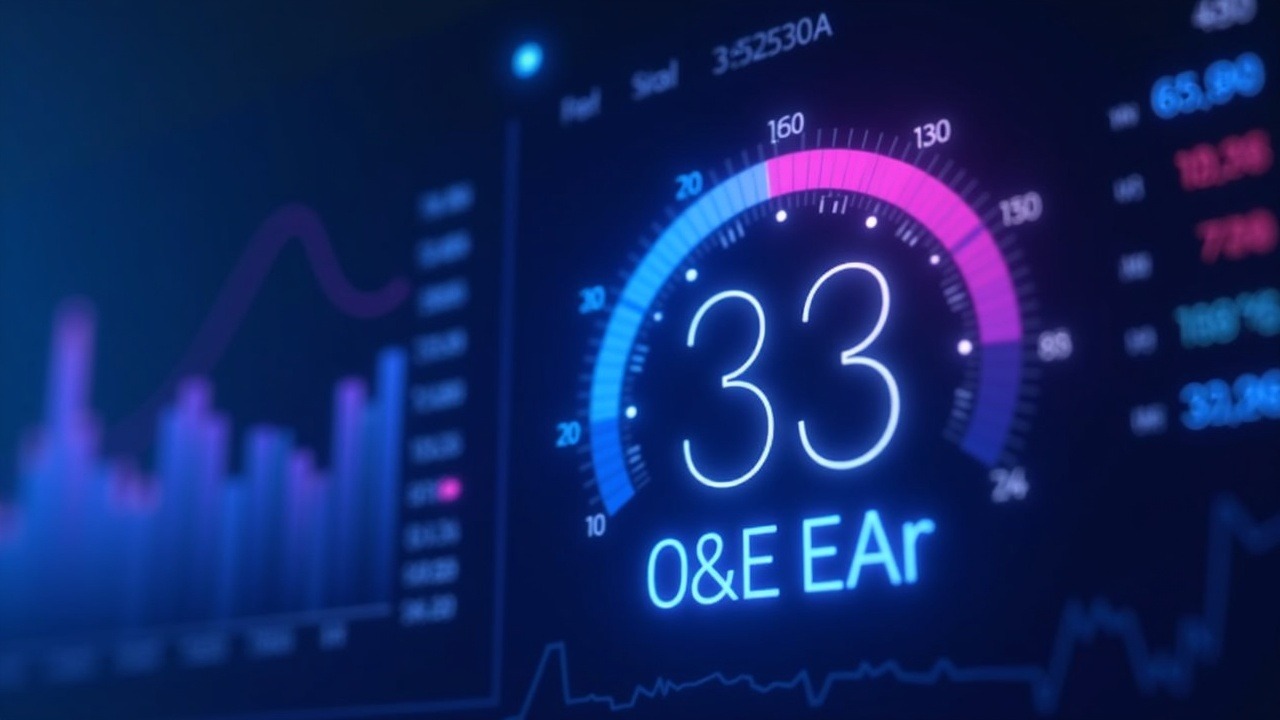 Neon crypto dashboard with a 3D gauge rising to 33, blue-cyan-purple glow highlighting the Fear & Greed index