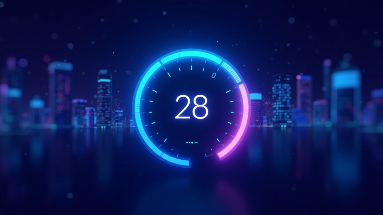 Neon crypto dashboard centered on a 28 Fear gauge with blue-purplish glow and 3D depth.