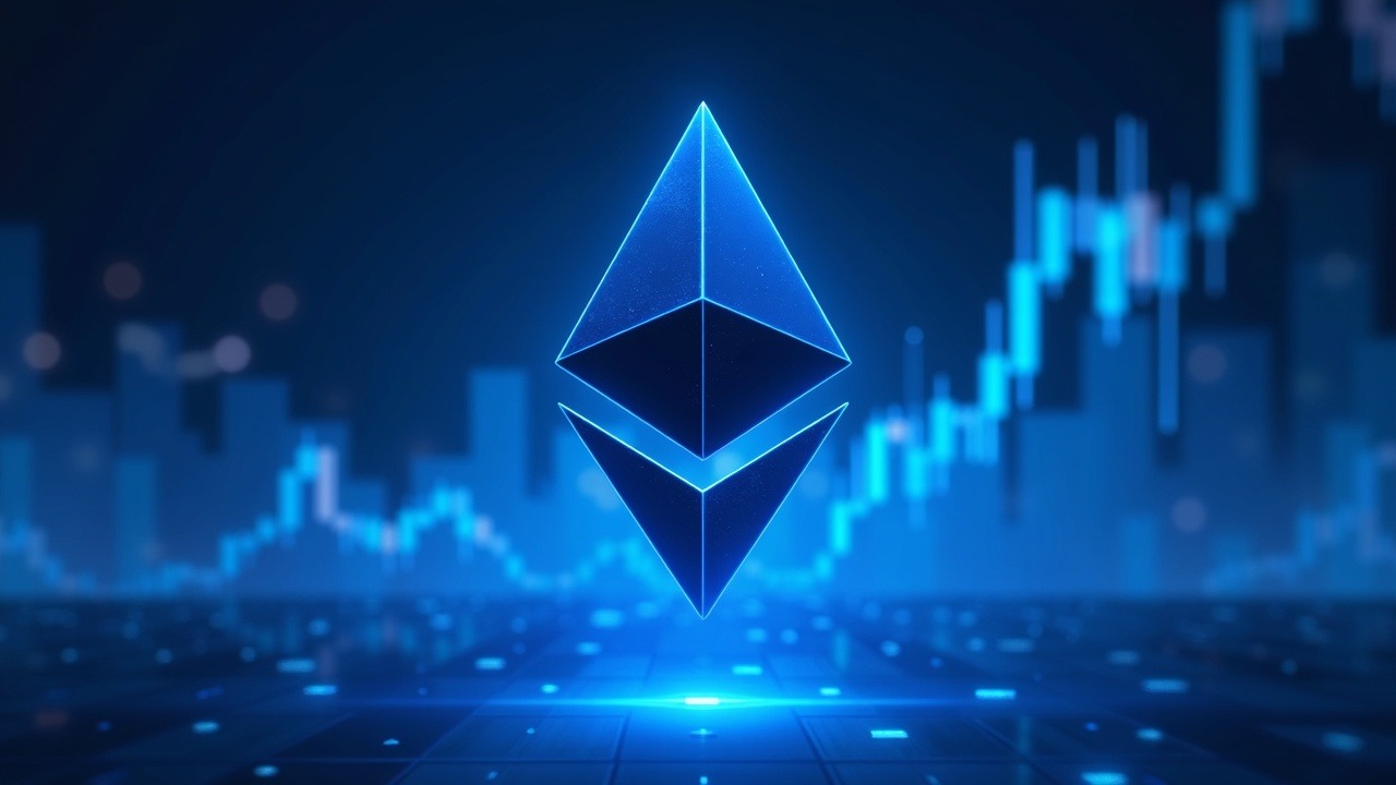 Futuristic crypto illustration with Ethereum logo, neon blue light trails, ETF charts, and Bitcoin backdrop.