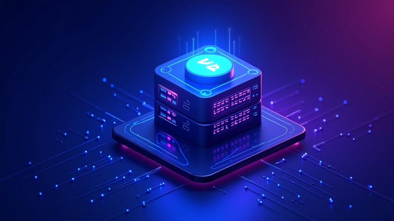 Neon illustration of a Geth node with Pebble v2 storage, blue and purple data streams, server rack, and Amsterdam upgrade motif.