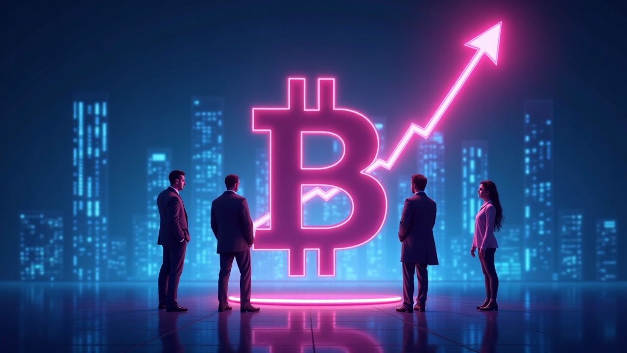 Neon IBIT and Bitcoin logos with a rising contract limit to 1 million and institutional traders silhouettes.