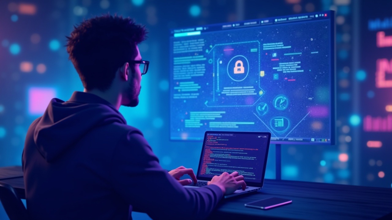 Neon crypto security illustration: a candidate faces a fraudulent interview app delivering malware, with cyan lighting.