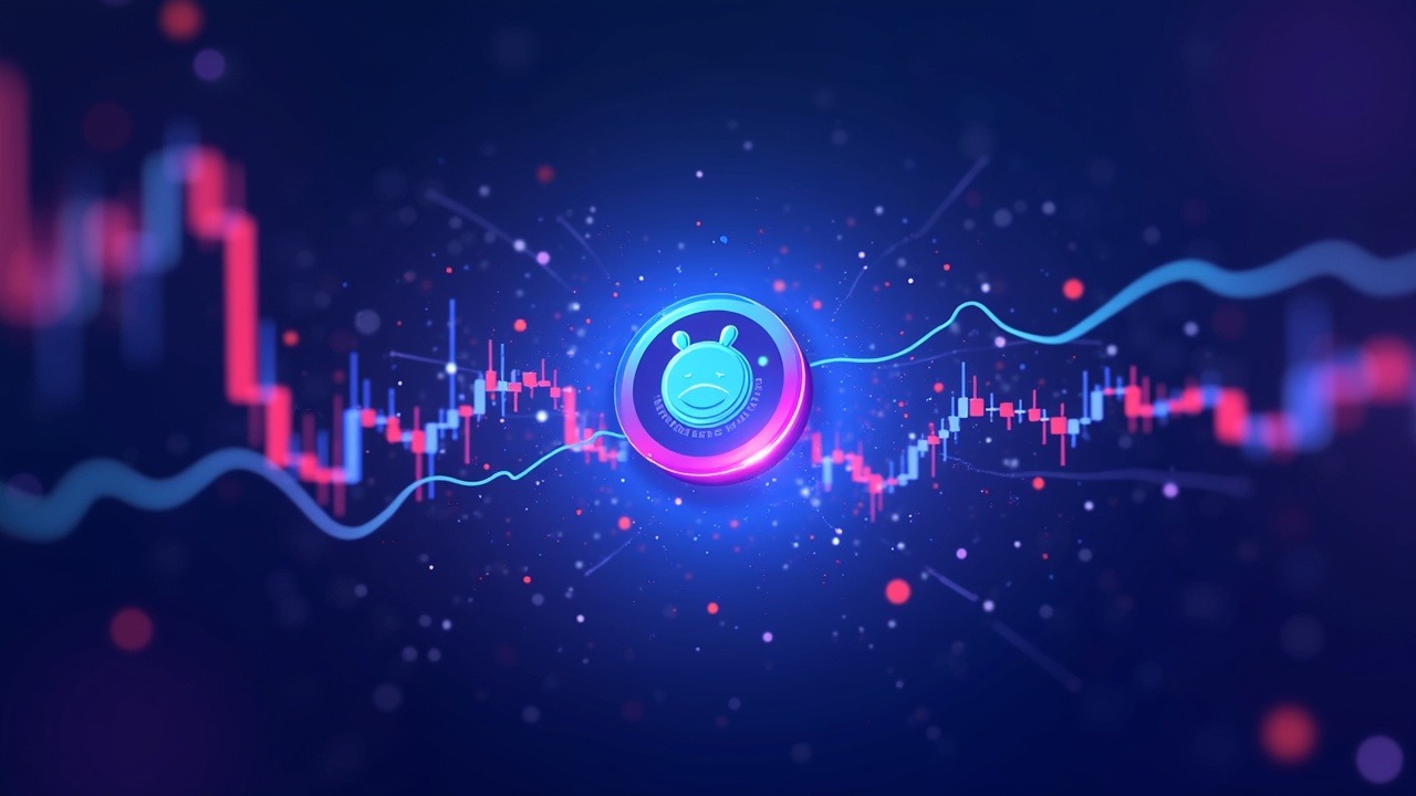 AntFun token center with KuCoin logo, Solana motif, neon blue and purple glow, and a blurred trading chart backdrop.