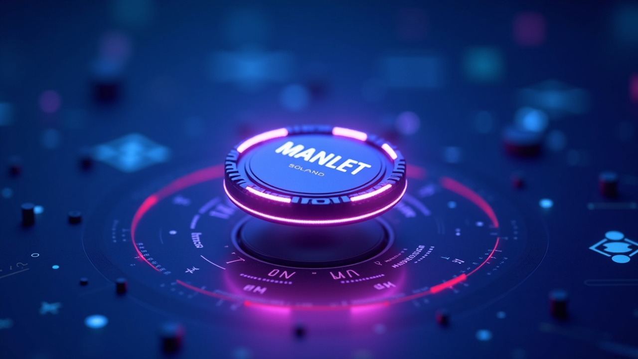 Hyperrealistic MANLET on Solana with MEXC listing, glowing token, Solana motif, neon lighting, bokeh background.