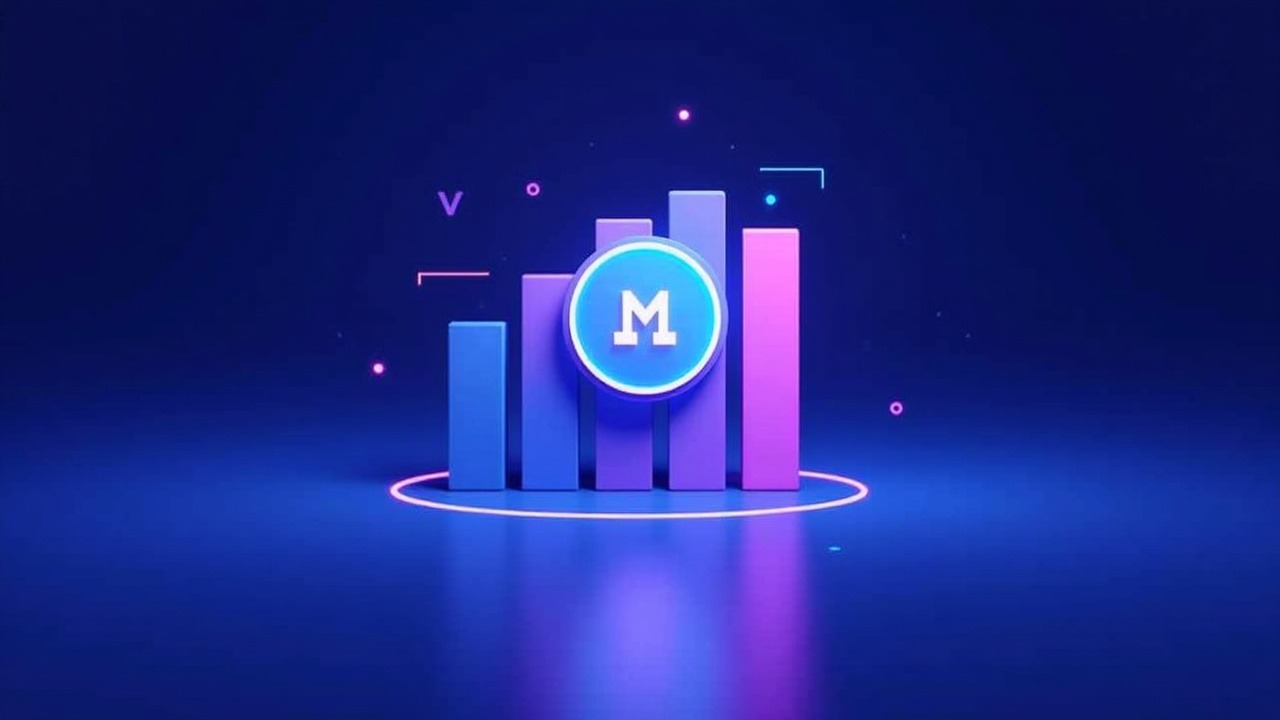 Monad logo centered with rising TVL bars in neon blue and purple on a sleek futuristic background