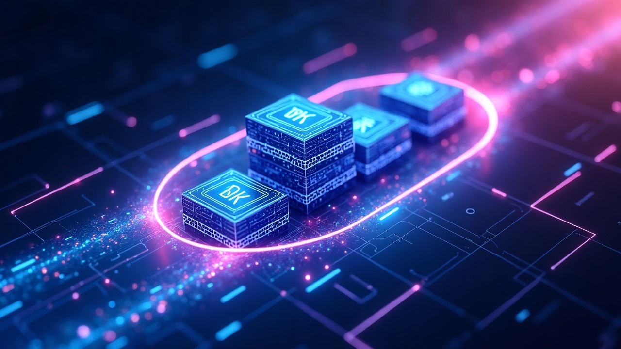 Decentralized blockchain speeding up with neon blue/purple glow, stacked blocks, and validators in a holographic ring