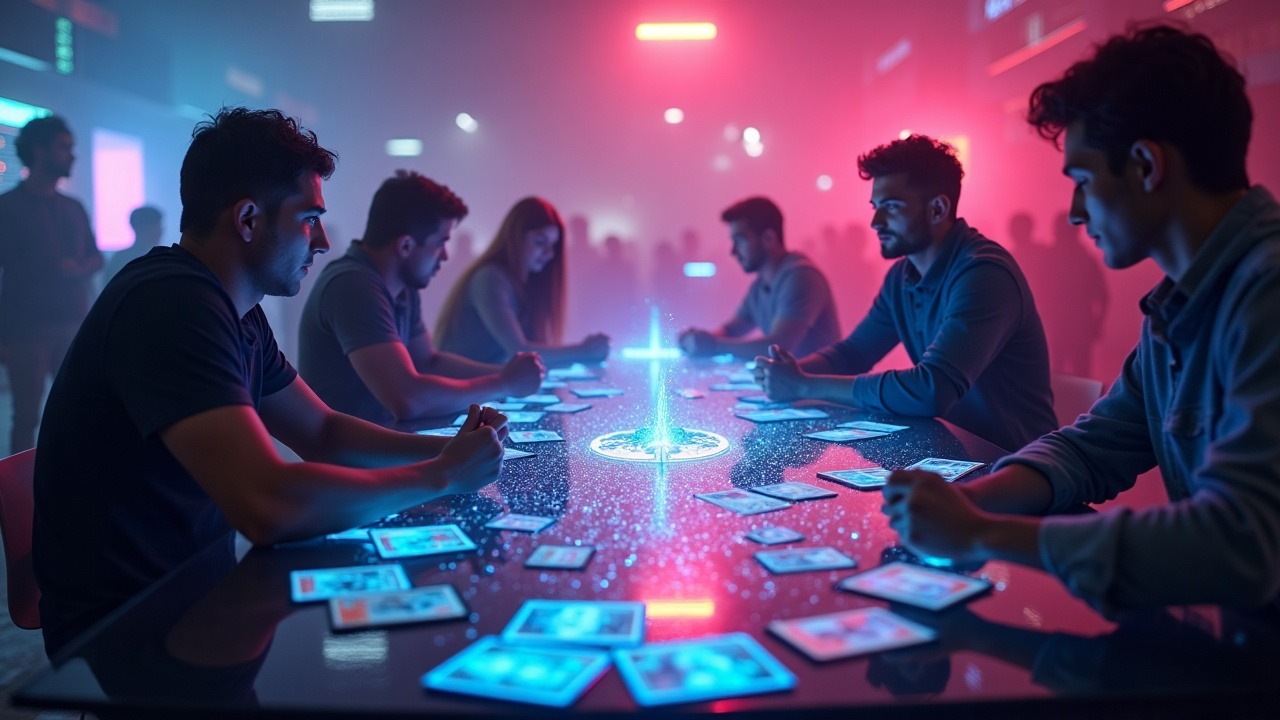 Neon-lit, futuristic Parallel TCG Community Clash with diverse players around holographic decks.