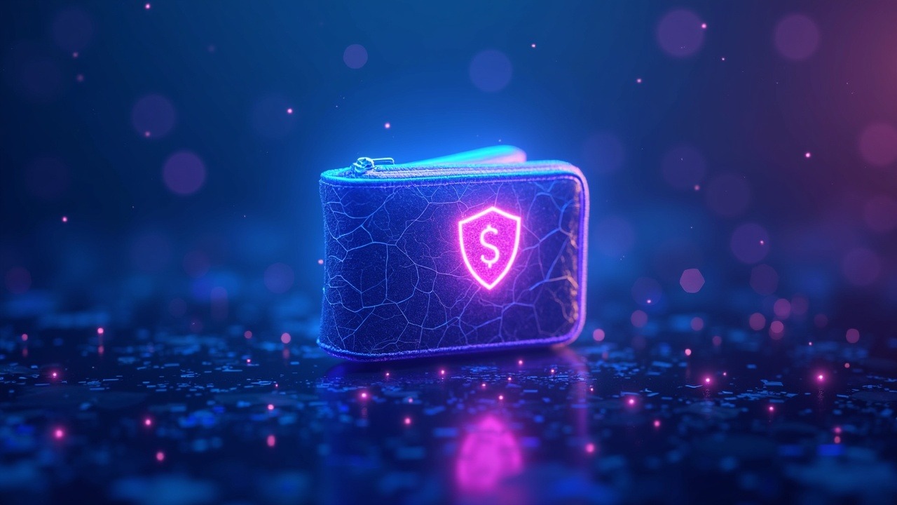 Neon-lit crypto wallet with cracked shield and cascading code against a blue-cyan magenta digital backdrop.