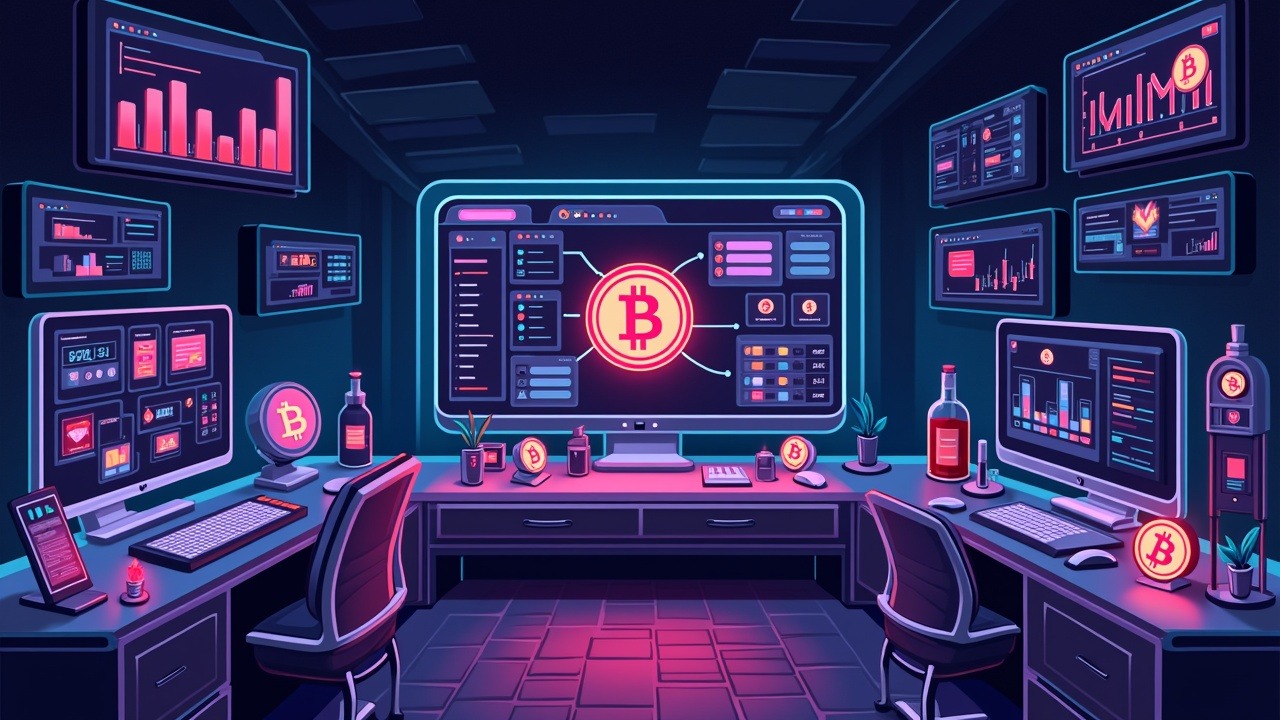 Neon-style Bitcoin NFT marketplace interface uniting Ordinals, Counterparty, and Stamps with asset-for-asset swaps in beta.