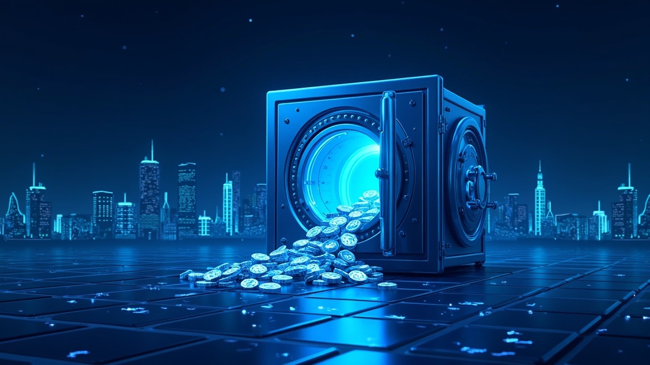 Hyperreal neon vault pouring tokenized real-world assets into DeFi protocols against a data-rich skyline.