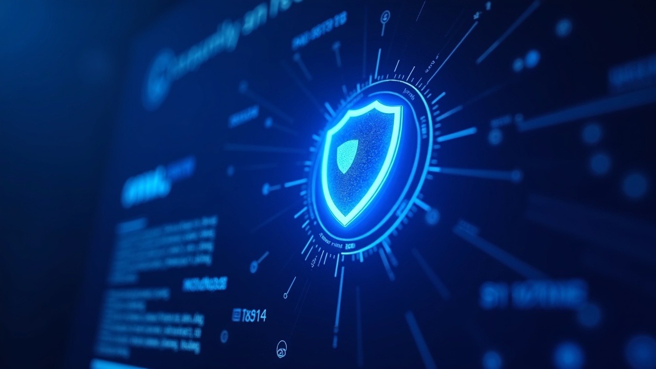 Hyperreal Cardano wallet UI with glowing shield guarding seed phrases amid neon-lit digital backdrop.