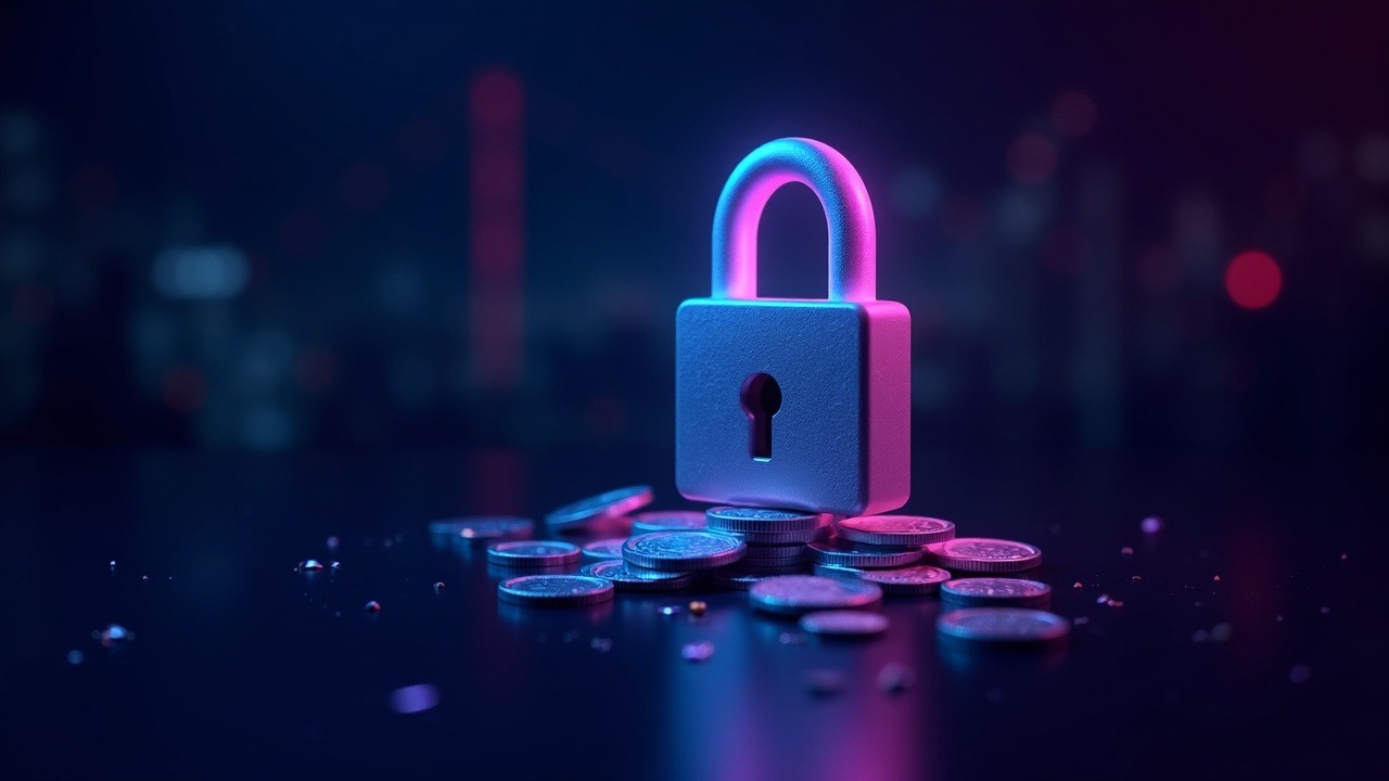 Neon cyber-art depicting a Solana bridge breach with a glowing lock and cascading coins in cyan and purple hues.