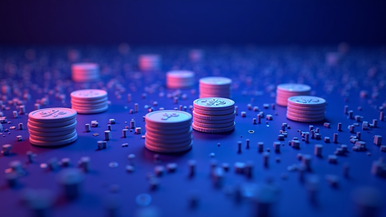 Solana-themed 3D coins of diverse non-USDC/USDT stablecoins against a neon blue-pink blockchain backdrop.