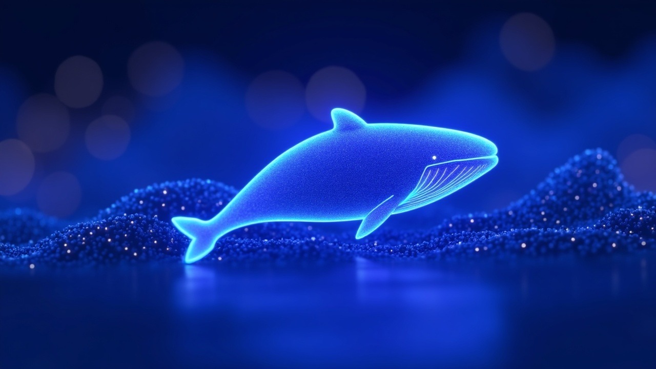 Neon-lit Solana whale hoards PUMP beside an unlock chart in blue-violet glow.