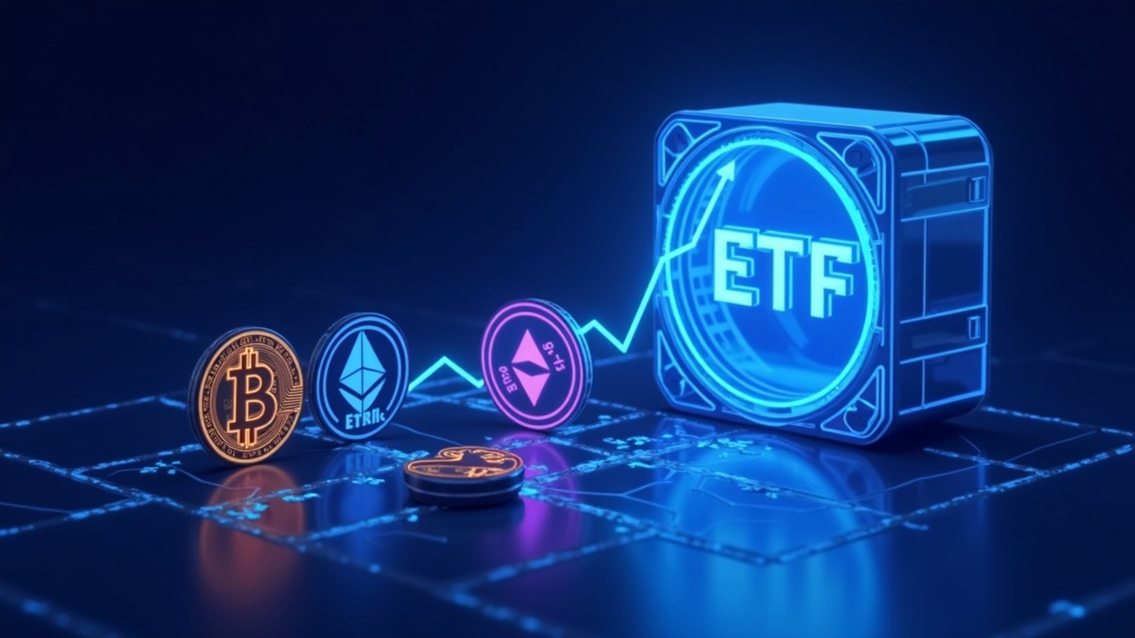 Neon crypto market scene with BTC, ETH and SOL, inflow arrow toward a crystal ETF vault, blue-cyan-purple glow.