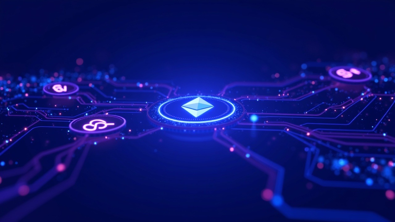 Neon illustration of stablecoins (USDC, USDT) flowing through networks toward Base and Ethereum logos with a blue glow.