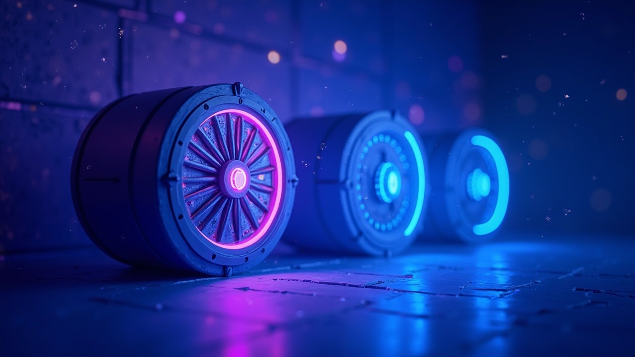 Neon illustration of a DeFi vault under a flash loan attack with flickering assets and a cyan-blue, purple glow.